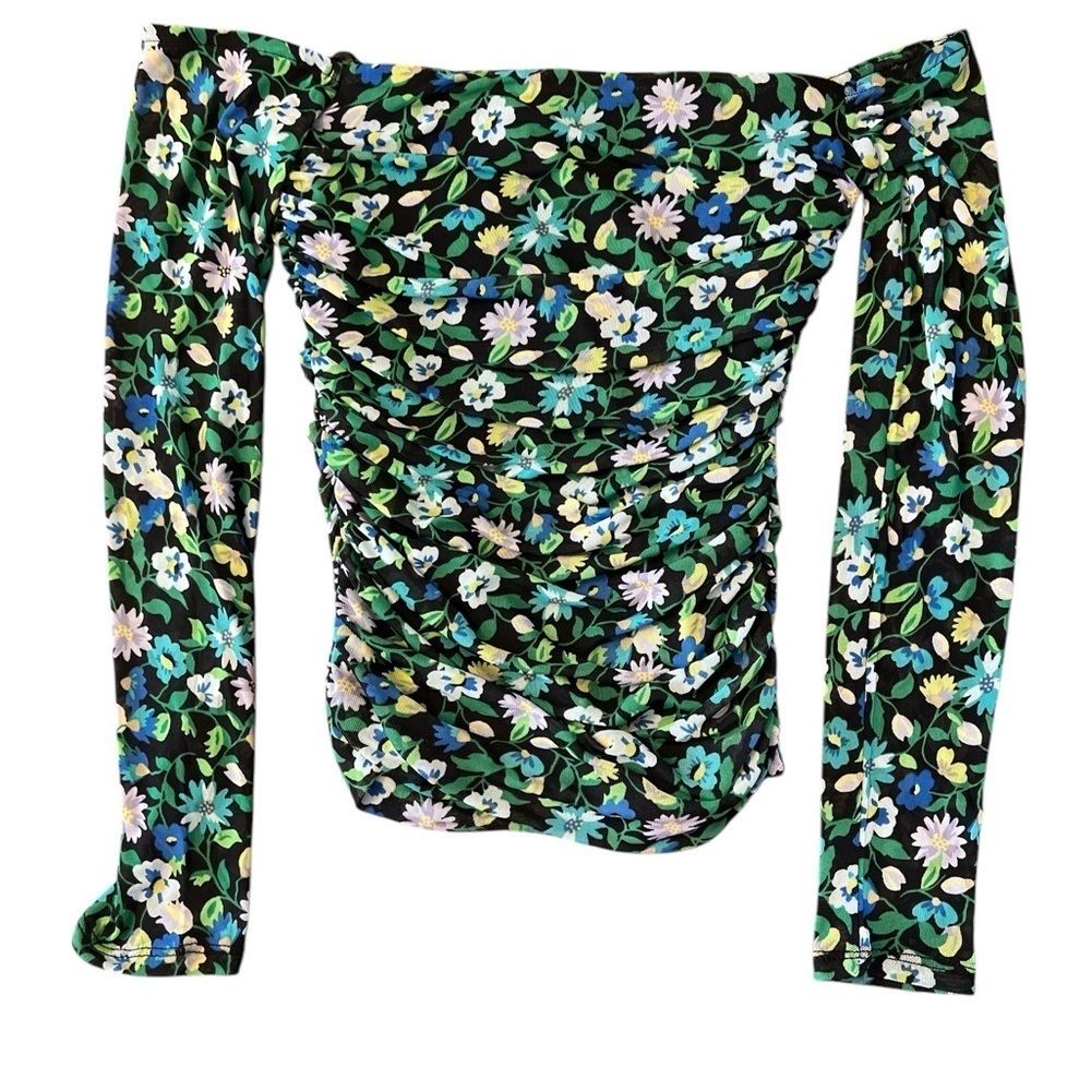 AFRM Green and Pink Ruched Long Sleeve Blouse